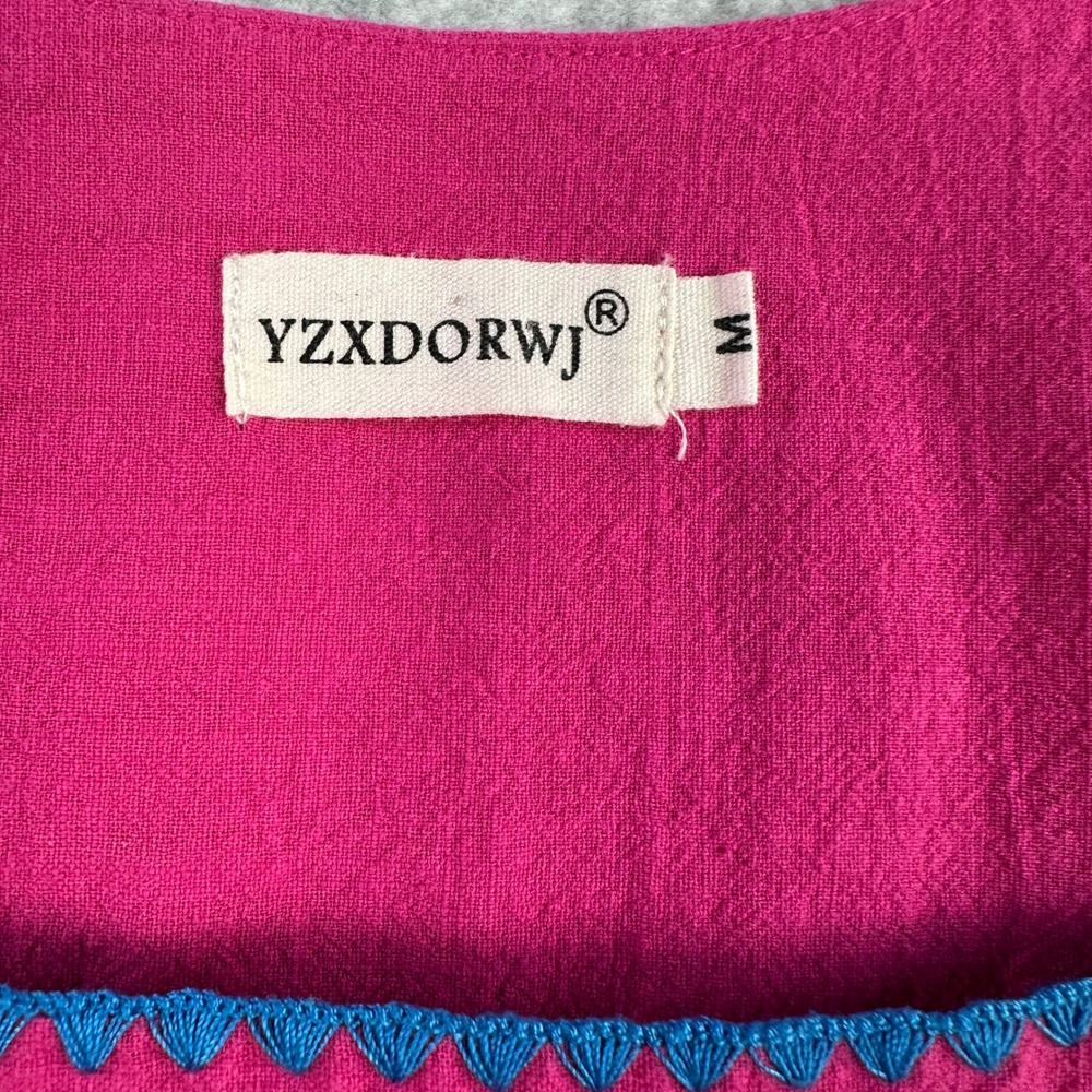 YZXDORWJ Pink Cotton Floral Embroidered Mexican Boho Shift Dress Medium - Picture 2 of 14